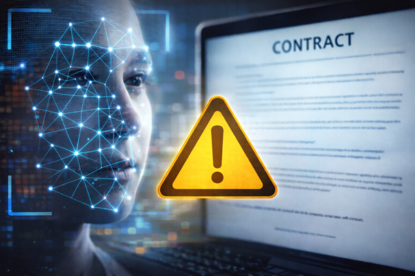 Biometria facial aplicada a contrato digital com símbolo de alerta, ilustrando que a tecnologia não substitui a verificação da capacidade civil para validar atos jurídicos.