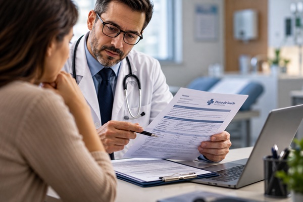 Médico e paciente analisando autorização de plano de saúde para tratamento, representando a discussão sobre demora na liberação de procedimentos médicos.