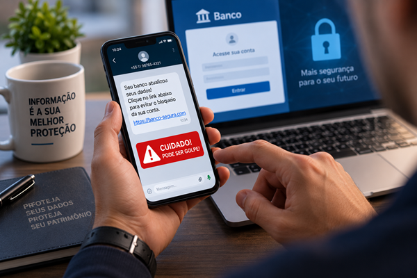 Pessoa utilizando aplicativo bancário em smartphone diante de alerta de golpe digital, representando a importância da proteção de dados pessoais e financeiros.
