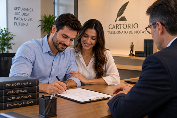 Casal assinando escritura pública de união estável diante de tabelião, representando a formalização da convivência e a segurança jurídica nas relações familiares.
