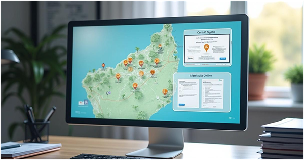 Sistema digital de consulta imobiliária em computador, com documentos e representação de imóvel sobre a mesa.